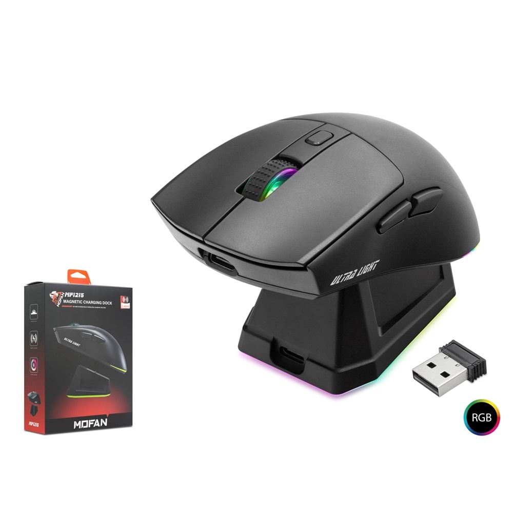 MOFAN MF1215B Dual Mode Gaming Mouse RGB Manyetik Şarj Standlı Bluetooth 2.4GHz - Siyah