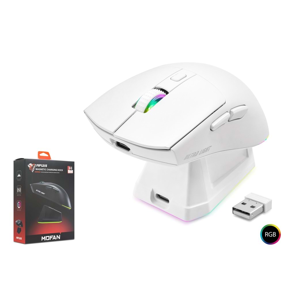 MOFAN MF1215W Dual Mode Gaming Mouse RGB Manyetik Şarj Standlı Bluetooth 2.4GHz - Beyaz