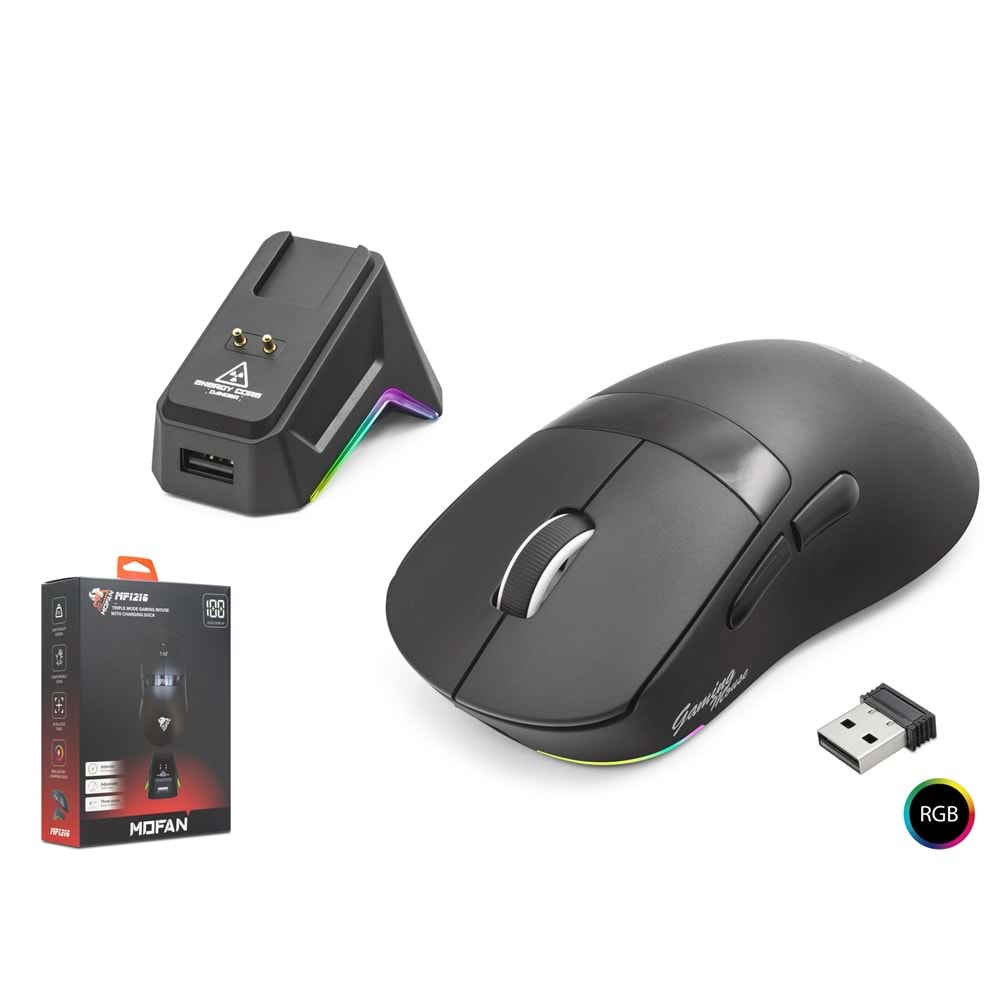 MOFAN MF1216B TRI MODE Gaming Mouse RGB Manyetik Şarj Standlı 12000 DPI Bluetooth - Siyah