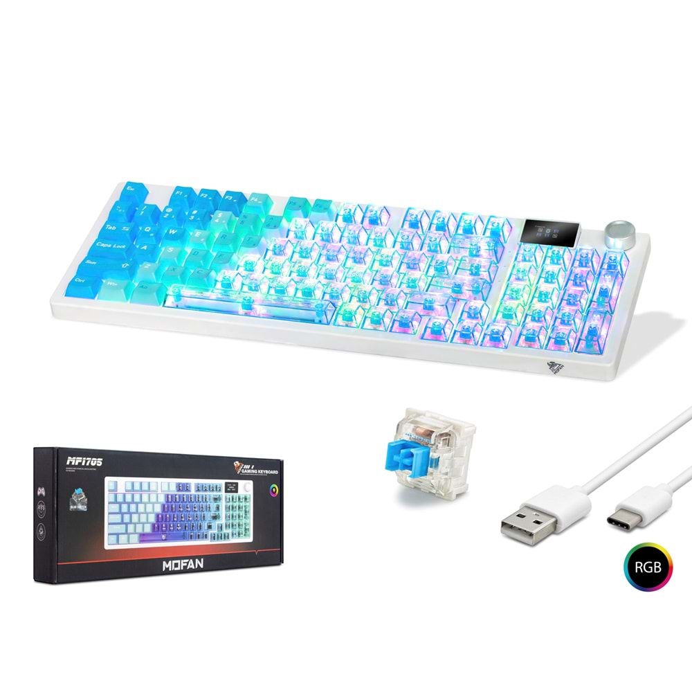 MOFAN MF1705M Kablosuz Mekanik Gaming Klavye RGB Blue Switch 95 Tuş - Mavi Beyaz