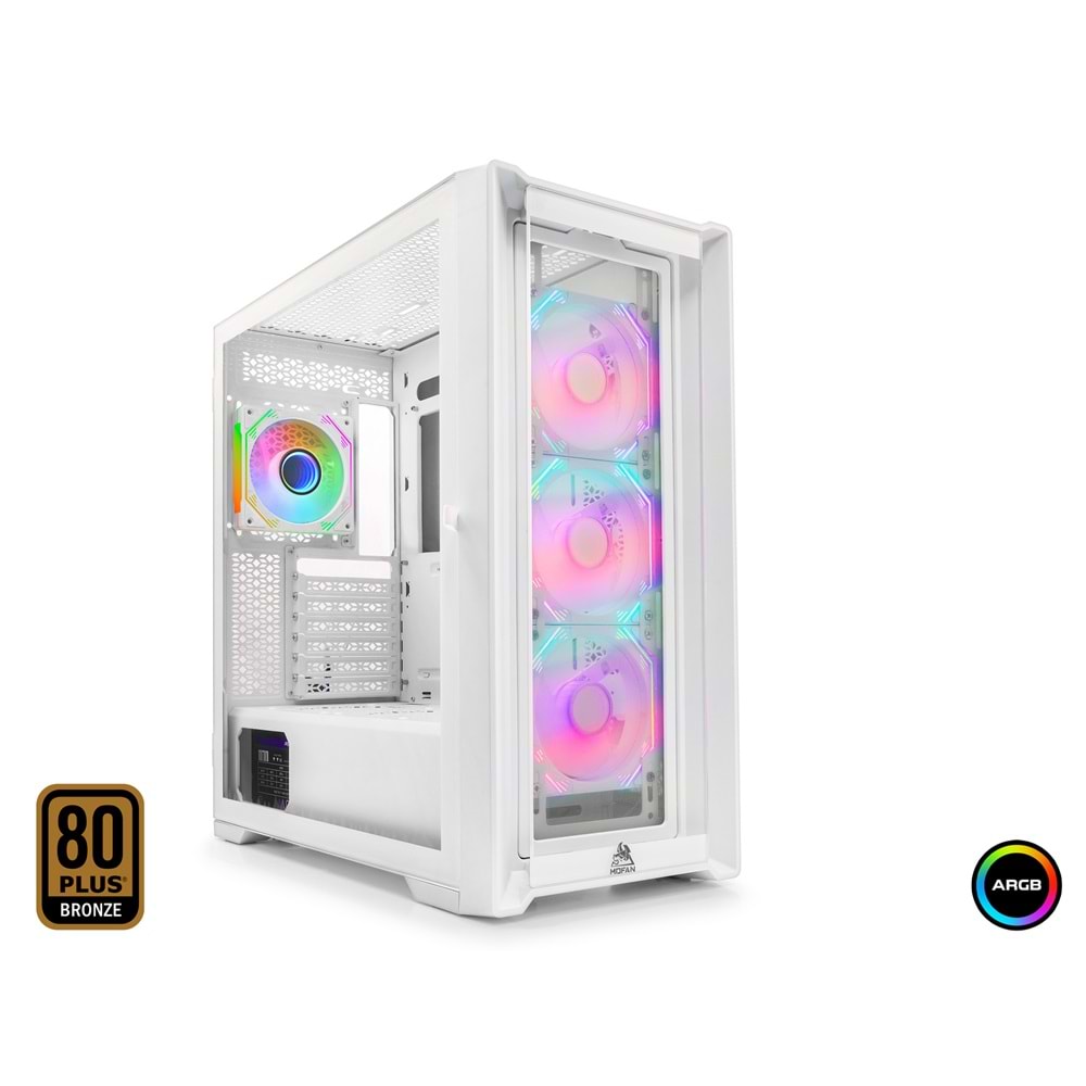 MOFAN MF2902W PC Gaming Kasa 360 Seri 80+ 850W Power Supply 4xFan - Beyaz