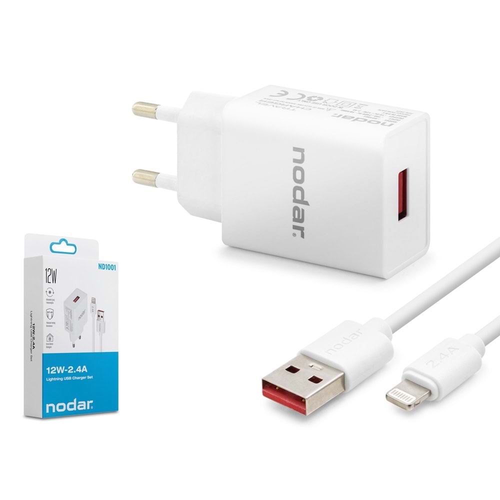 NODAR ND1001 Lightning Hızlı Şarj Seti 12W 2.4A USB Adaptörlü - Beyaz