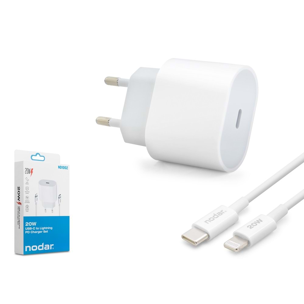 NODAR ND1002 Type-C Lightning Hızlı Şarj Seti 20W Type-C Adaptörlü - Beyaz