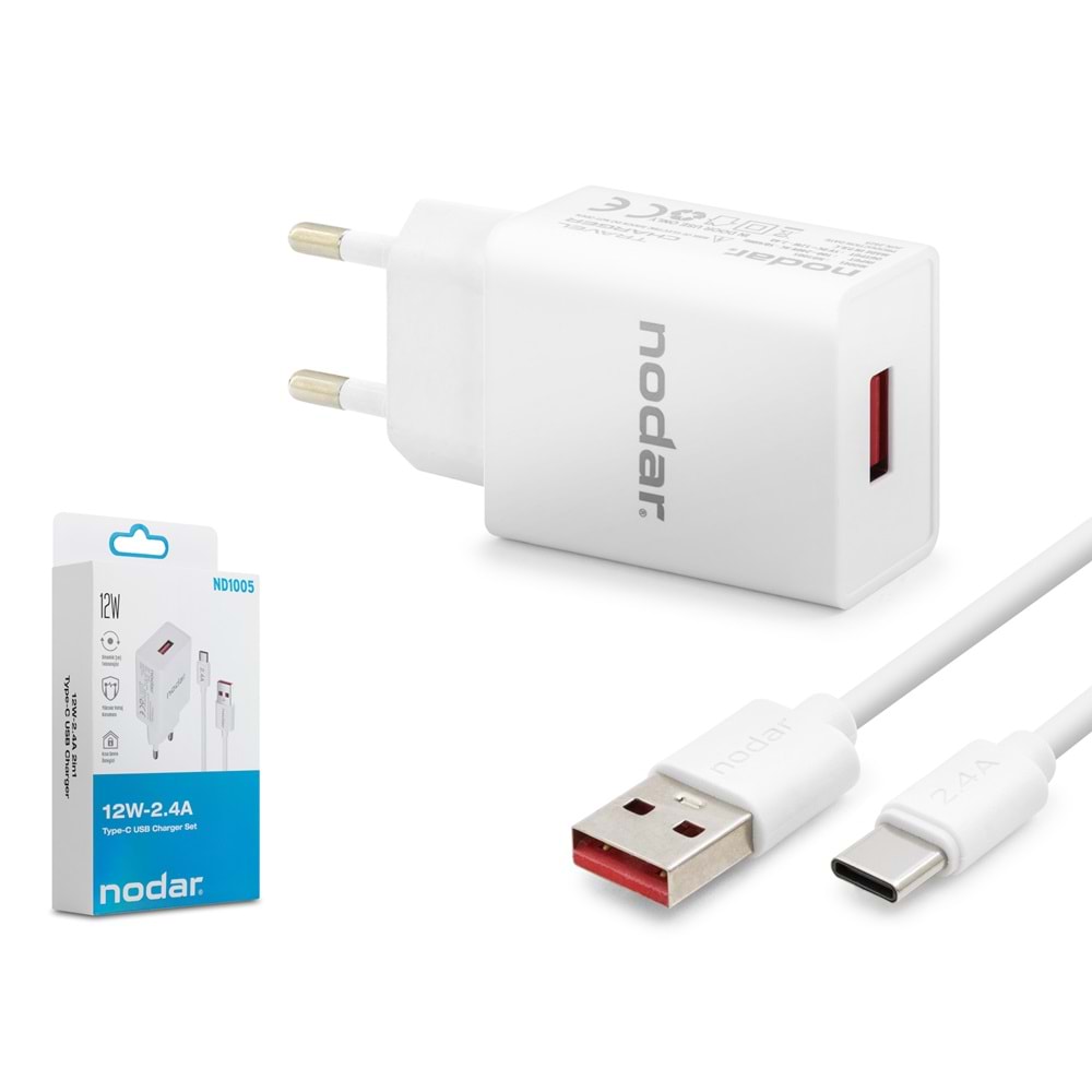 NODAR ND1005 Type-C Hızlı Şarj Seti 12W 2.4A USB Adaptörlü - Beyaz