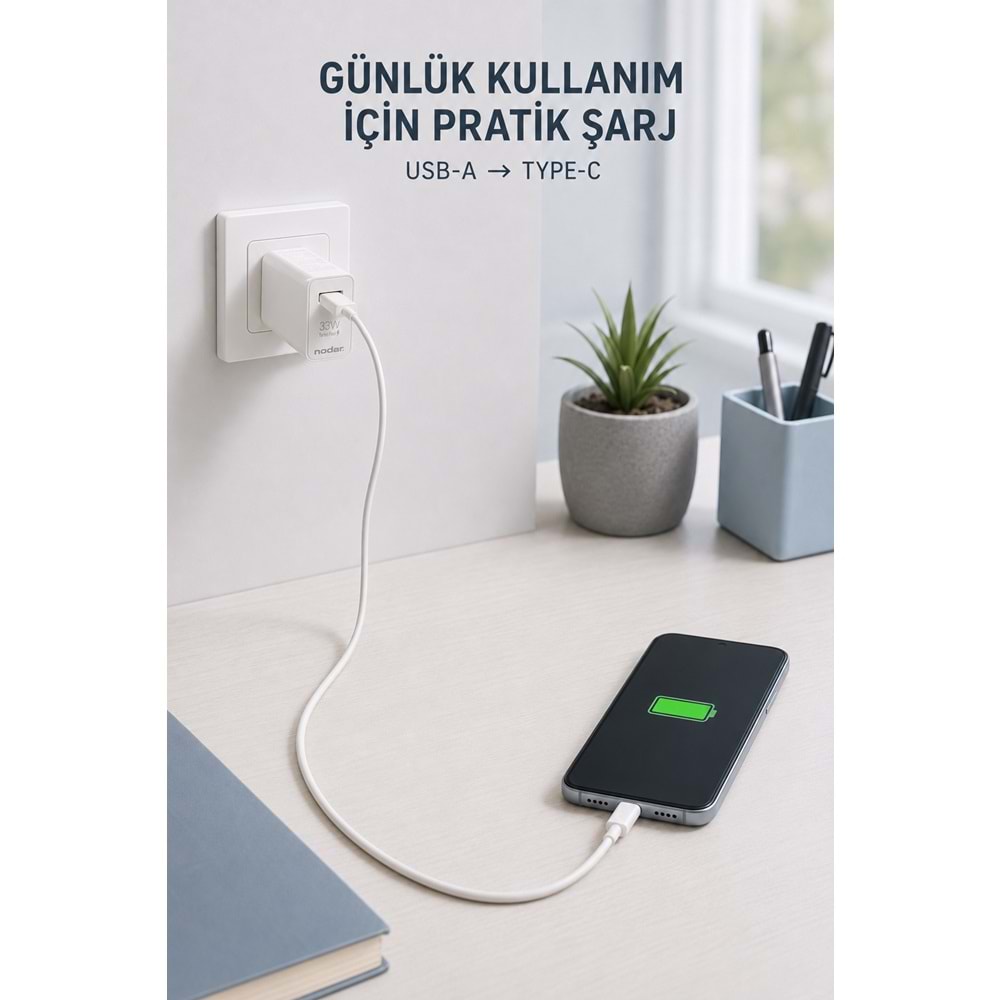 NODAR ND1006 Type-C Hızlı Şarj Seti 33W USB Adaptörlü 1 m PVC Kablolu Beyaz