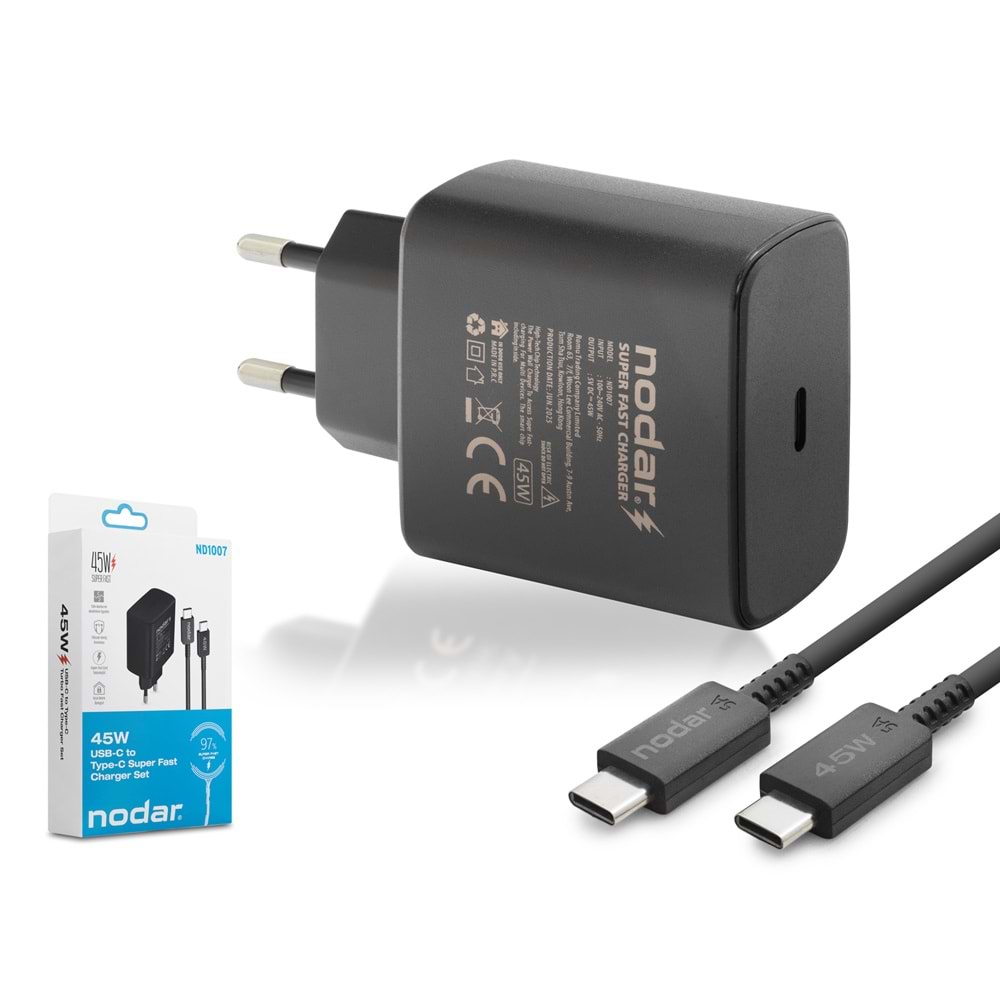 NODAR ND1007 Type-C PD Hızlı Şarj Seti 45W Type-C Adaptörlü - Siyah