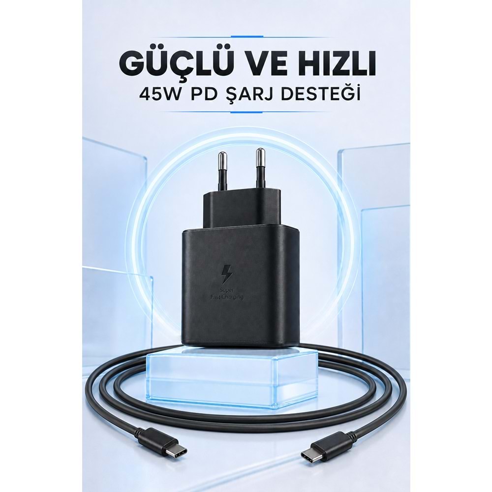 NODAR ND1007 Type-C PD Hızlı Şarj Seti 45W Type-C Adaptörlü 1 m PVC Kablolu Siyah