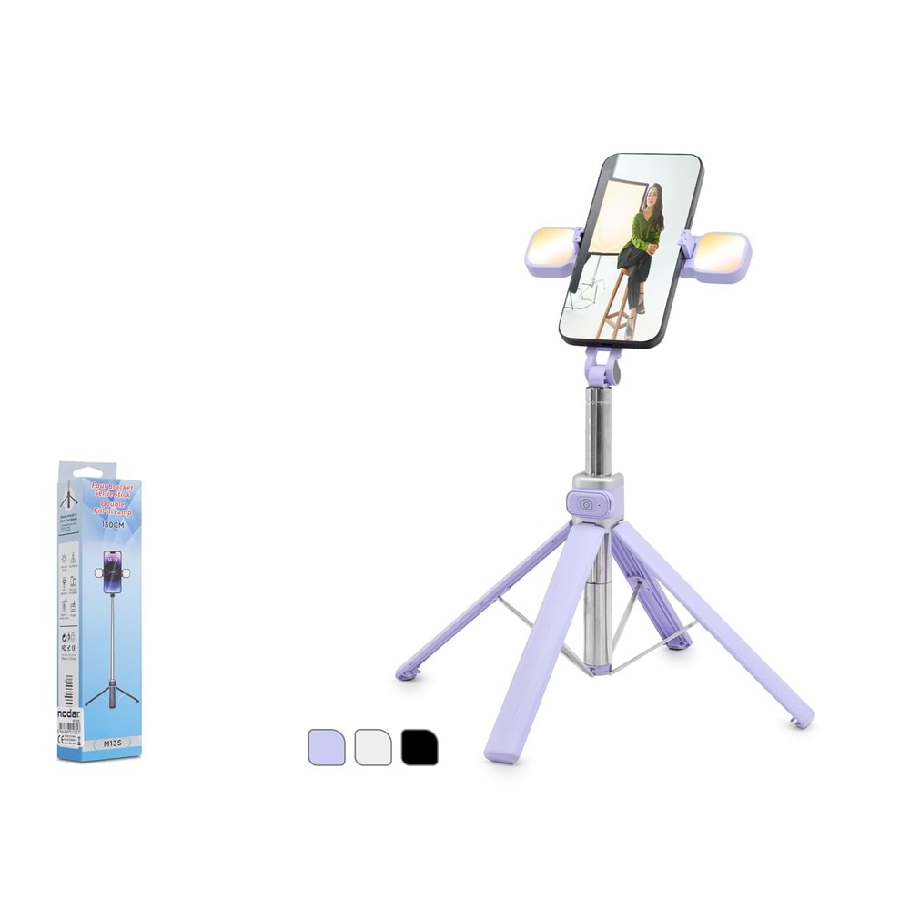 NODAR ND1035 Telefon Tripodu ve Selfie Çubuğu Seti Bluetooth 4.0 Kumandalı LED 130 cm - Çok Renkli