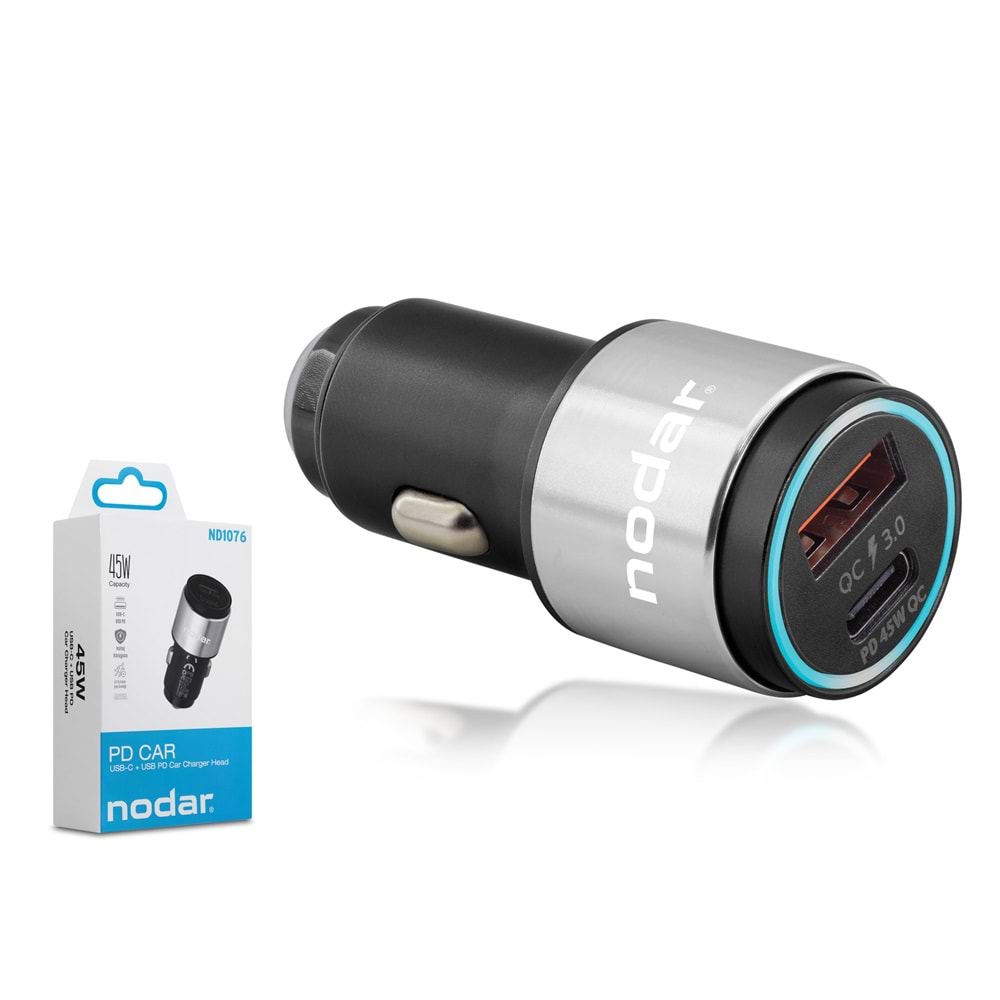 NODAR ND1076 Araç Şarj Adaptörü USB + Type-C PD QC 3.0 45W Metal - Siyah