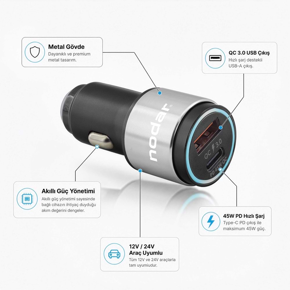 NODAR ND1076 Araç Şarj Adaptörü USB Type-C PD QC 3.0 45W Metal Siyah
