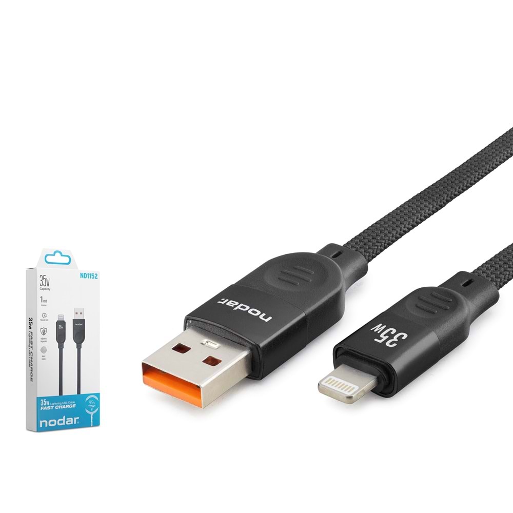 NODAR ND1152 USB Lightning Şarj ve Data Kablosu 35W 1 m Örgülü Siyah