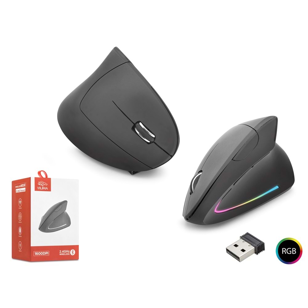 NODAR ND1211 Dual Mode Ergonomik Dikey Gaming Mouse 1600 DPI Sessiz RGB - Siyah