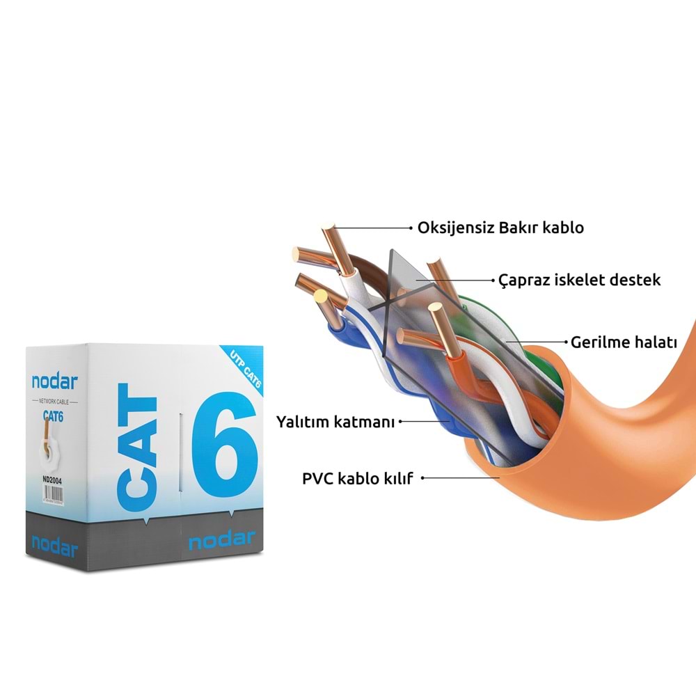NODAR ND2004 Cat6 UTP İç Mekan Ethernet Kablo 24 AWG 0.50 mm CCA 305 m - Turuncu