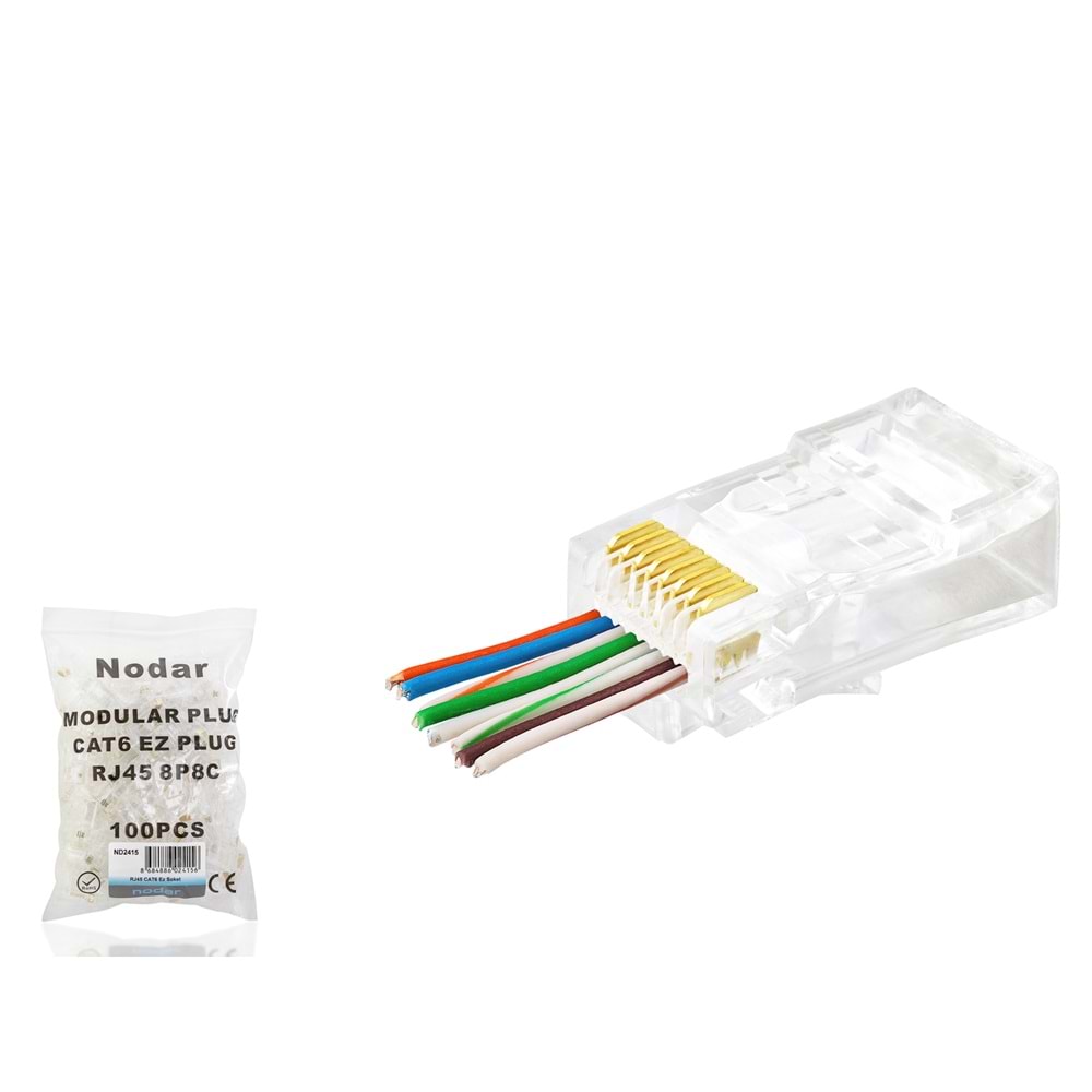 NODAR ND2415 CAT6 EZ RJ45 Konnektör 100 Adet Plastik Kutu - Şeffaf