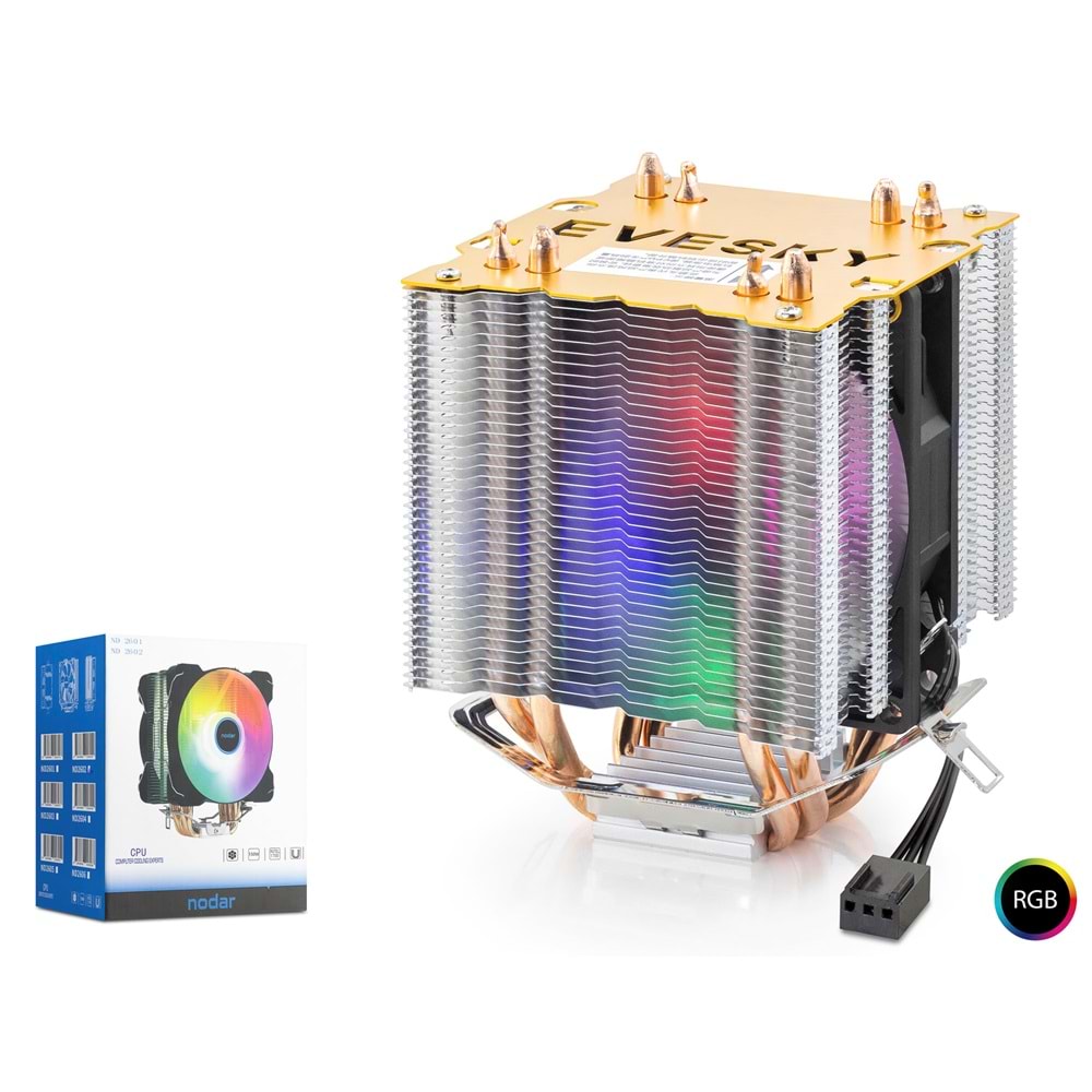 NODAR ND2604 CPU İşlemci Kule Tipi Soğutucu 500 Serisi Çift Fanlı 4 Bakır Borulu RGB - Siyah