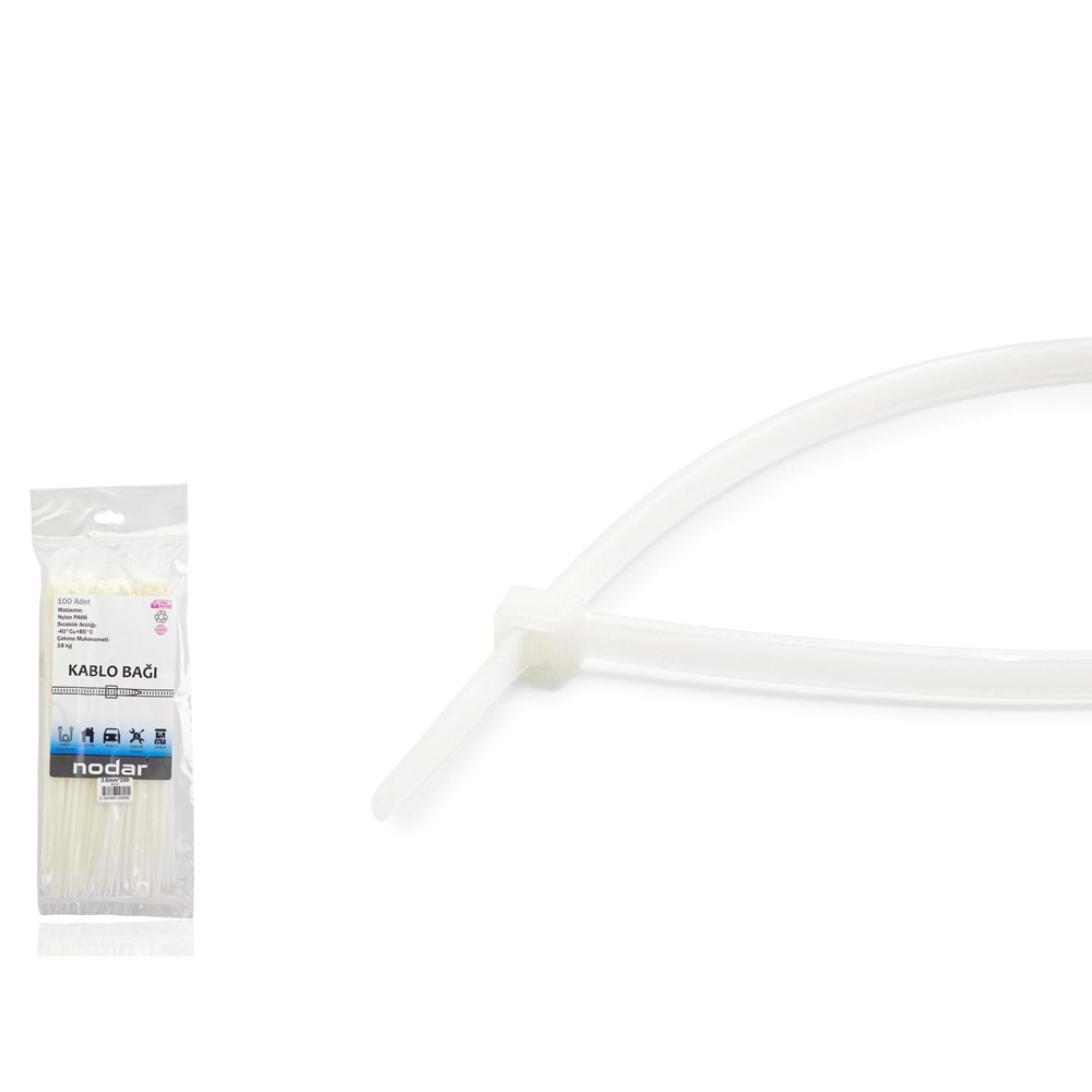 NODAR ND4804B Kablo Bağı 3.6 x 250 mm 100'lü Paket - Beyaz