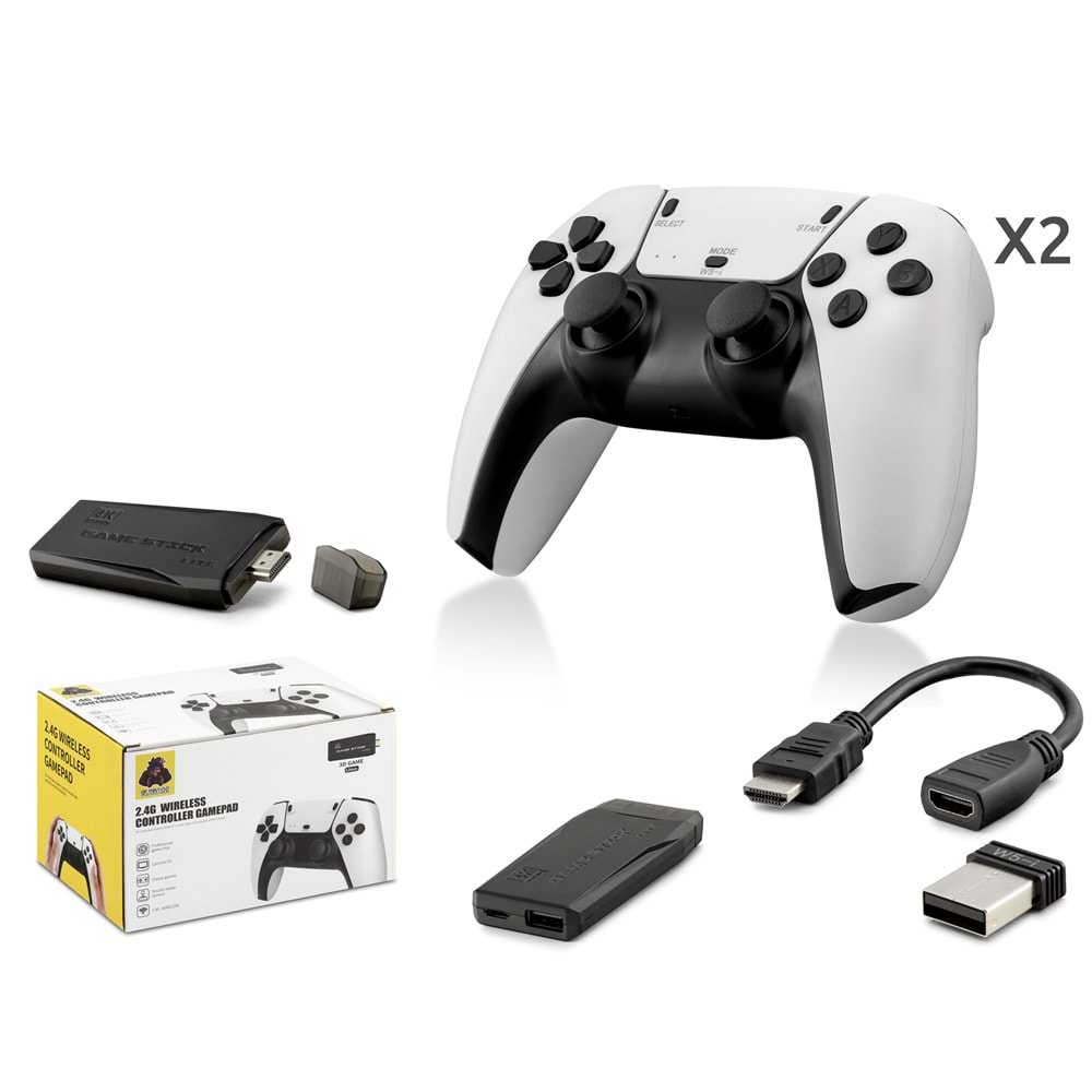NODAR ND765 Retro Oyun Stick HDMI Çift GamePad Seti 64 GB Kart Destekli 2.4G Kablosuz - Beyaz