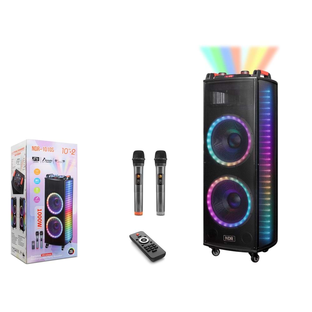 NDR NDR1010S Bluetooth Kabin Karaoke Hoparlör FM Radyo 2x10 İnç USB TF AUX RGB Çift Mikrofonlu Kumandalı Taşınabilir - Siyah