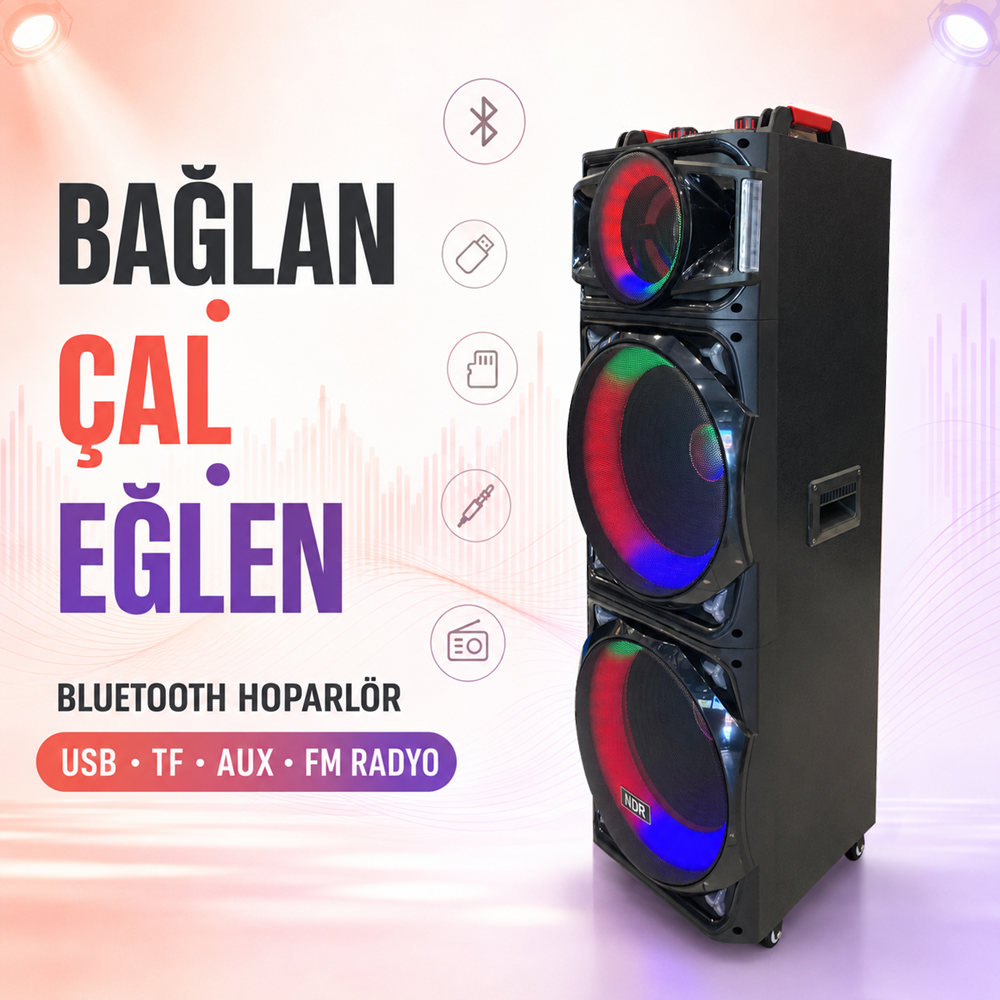 NDR NDR1526 Çift Karaoke Mikrofonlu Bluetooth Hoparlör FM Radyo 100W 2x15 İnç RGB Kumandalı Siyah