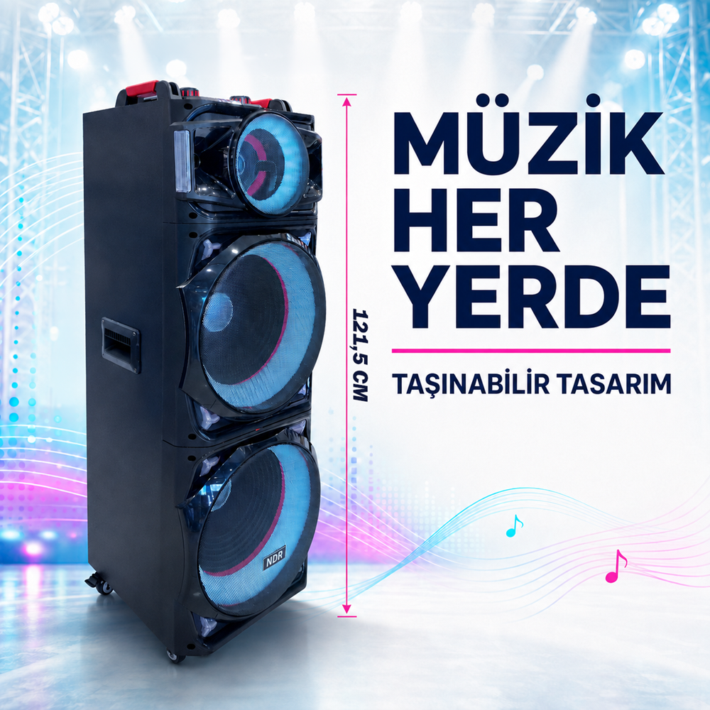 NDR NDR1526 Çift Karaoke Mikrofonlu Bluetooth Hoparlör FM Radyo 100W 2x15 İnç RGB Kumandalı Siyah