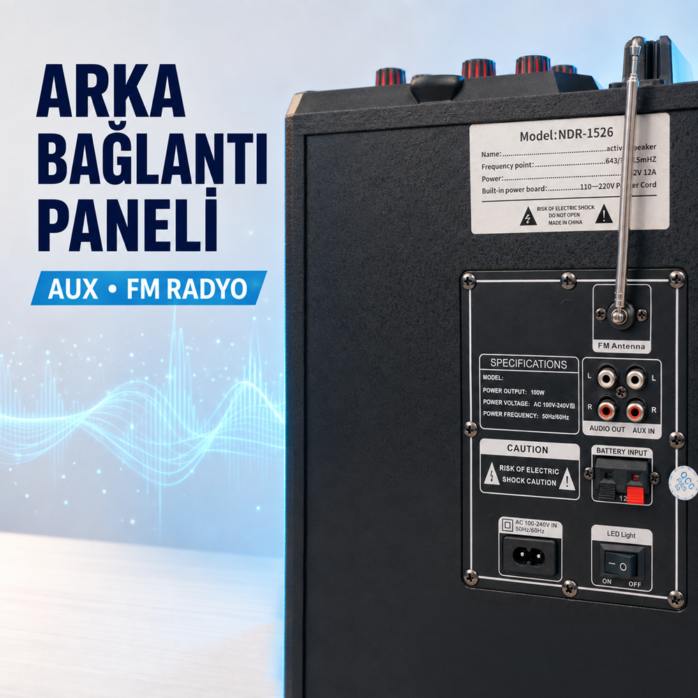 NDR NDR1526 Çift Karaoke Mikrofonlu Bluetooth Hoparlör FM Radyo 100W 2x15 İnç RGB Kumandalı Siyah