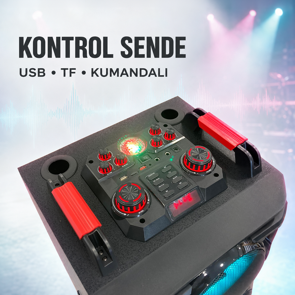 NDR NDR1526 Çift Karaoke Mikrofonlu Bluetooth Hoparlör FM Radyo 100W 2x15 İnç RGB Kumandalı Siyah
