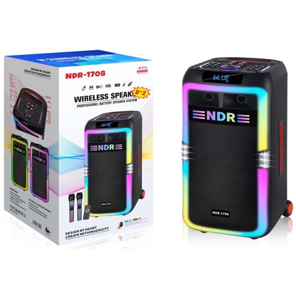 NDR NDR1708 Bluetooth Hoparlör FM Radyo 2x8 İnç USB TF AUX RGB Çift Mikrofonlu Kumandalı - Siyah