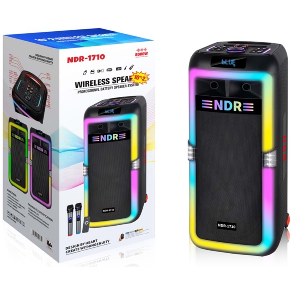 NDR NDR1710 Bluetooth Kabin Karaoke Hoparlör FM Radyo 2x10 İnç USB TF AUX RGB Çift Mikrofonlu Kumandalı Taşınabilir - Siyah