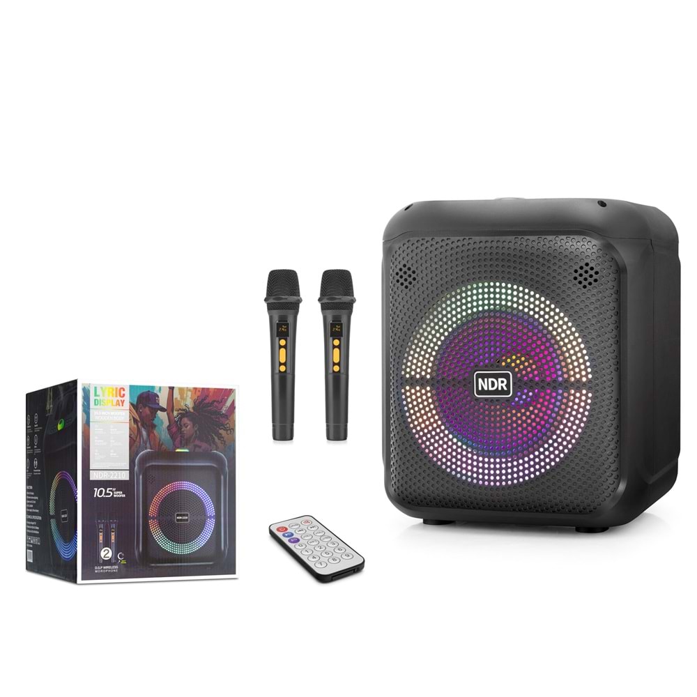 NDR NDR2210 Çift Karaoke Mikrofonlu Bluetooth Hoparlör FM Radyo 20W 10.5 İnç RGB Kumandalı Siyah