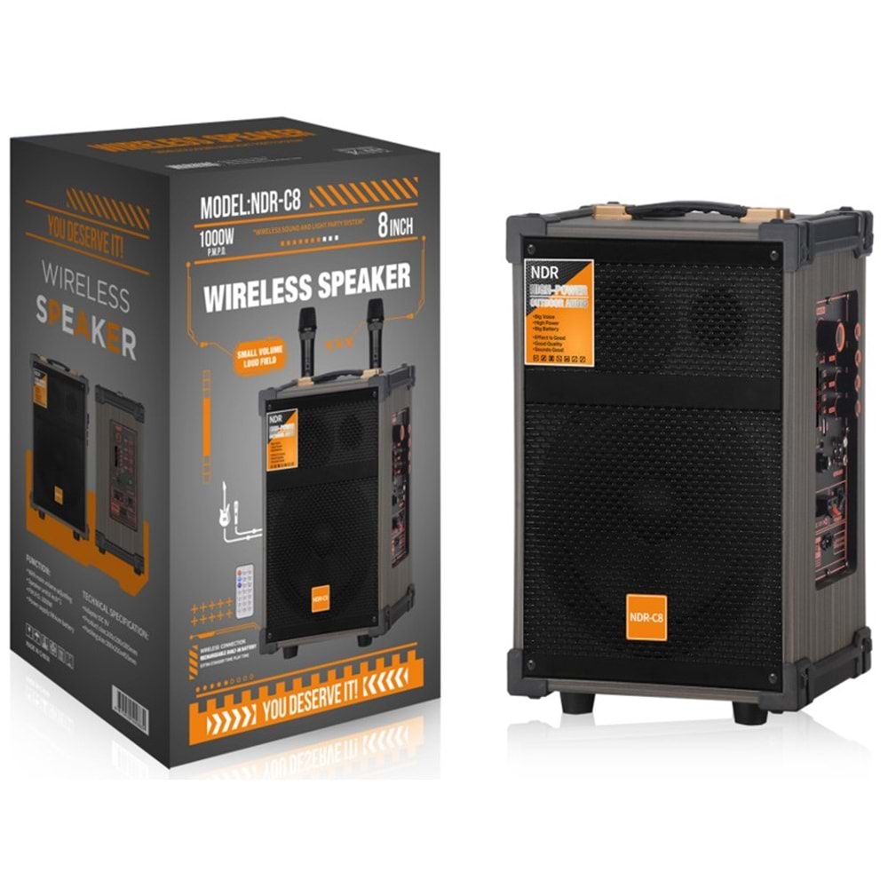 NDR NDRC8 Bluetooth Hoparlör FM Radyo 8 İnç USB TF AUX Çift Mikrofonlu Kumandalı - Siyah