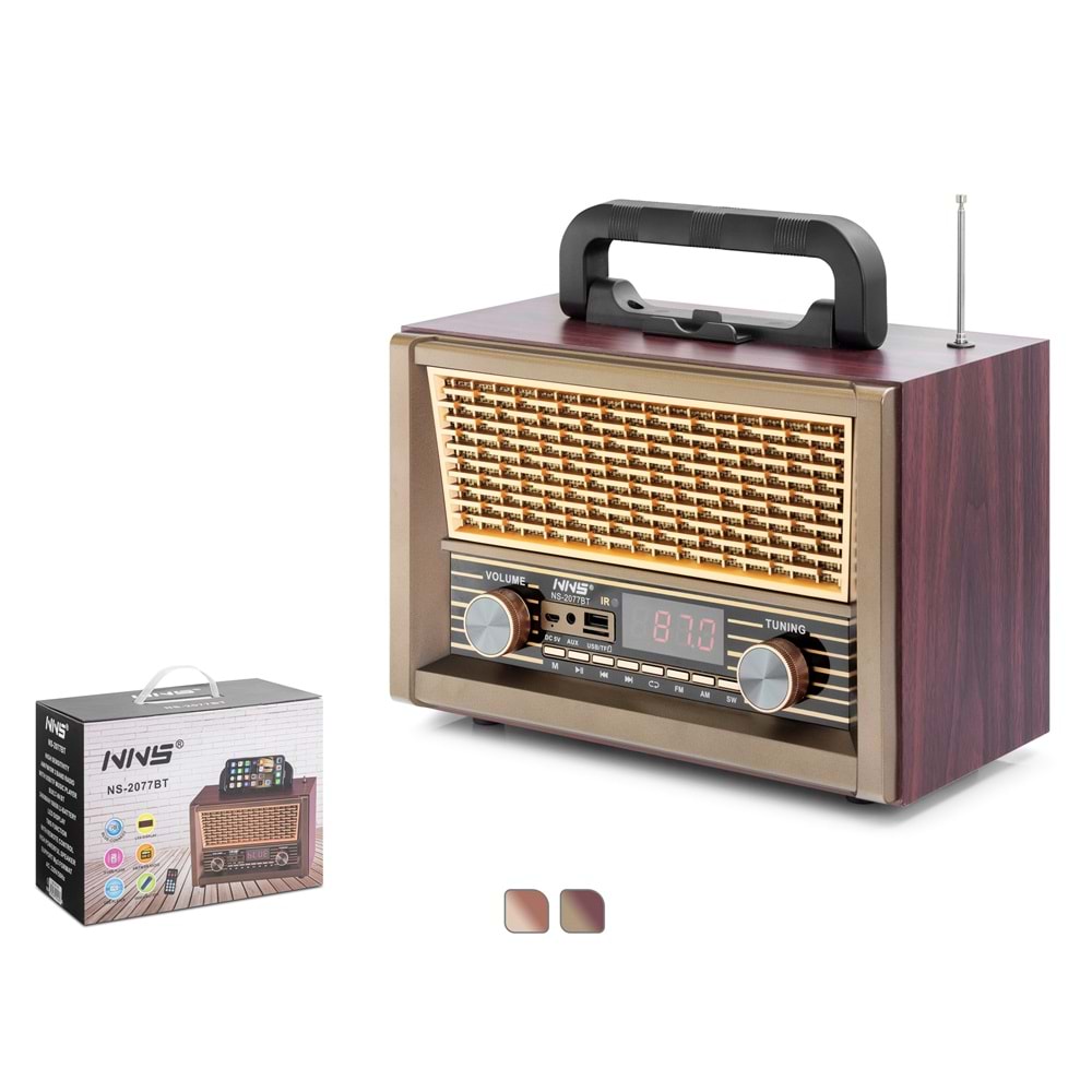 NNS NS2077BT Bluetooth Nostaljik FM Radyo USB TF AUX Kumandalı Taşınabilir Hoparlör - Maun