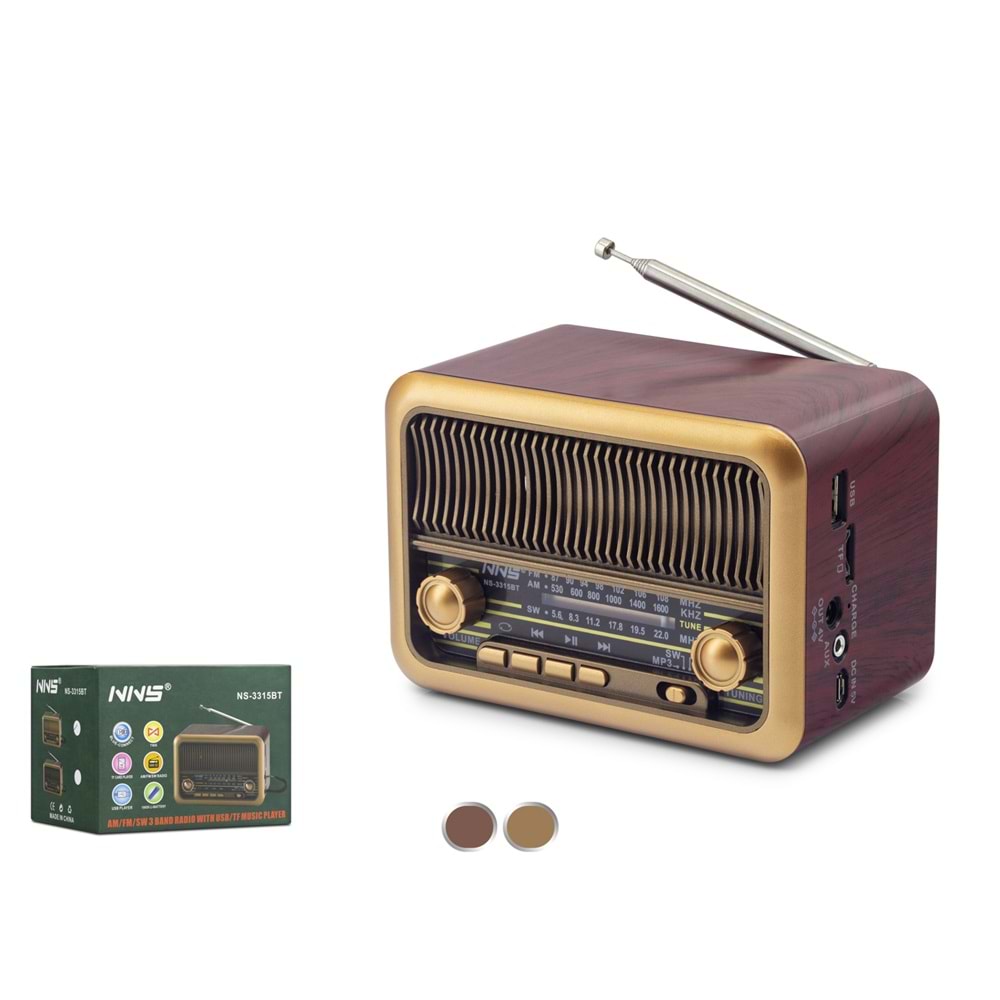 NNS NS3315BT Bluetooth Nostaljik FM Radyo TWS USB TF AUX Hoparlör - Kahverengi