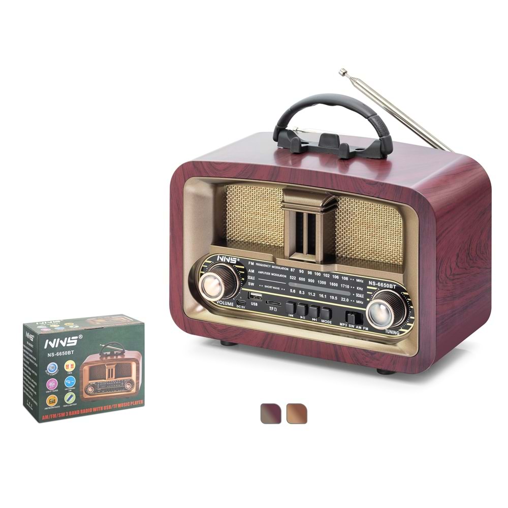 NNS NS6650BT Bluetooth Nostaljik FM Radyo TWS USB TF AUX Taşınabilir Hoparlör - Kahverengi