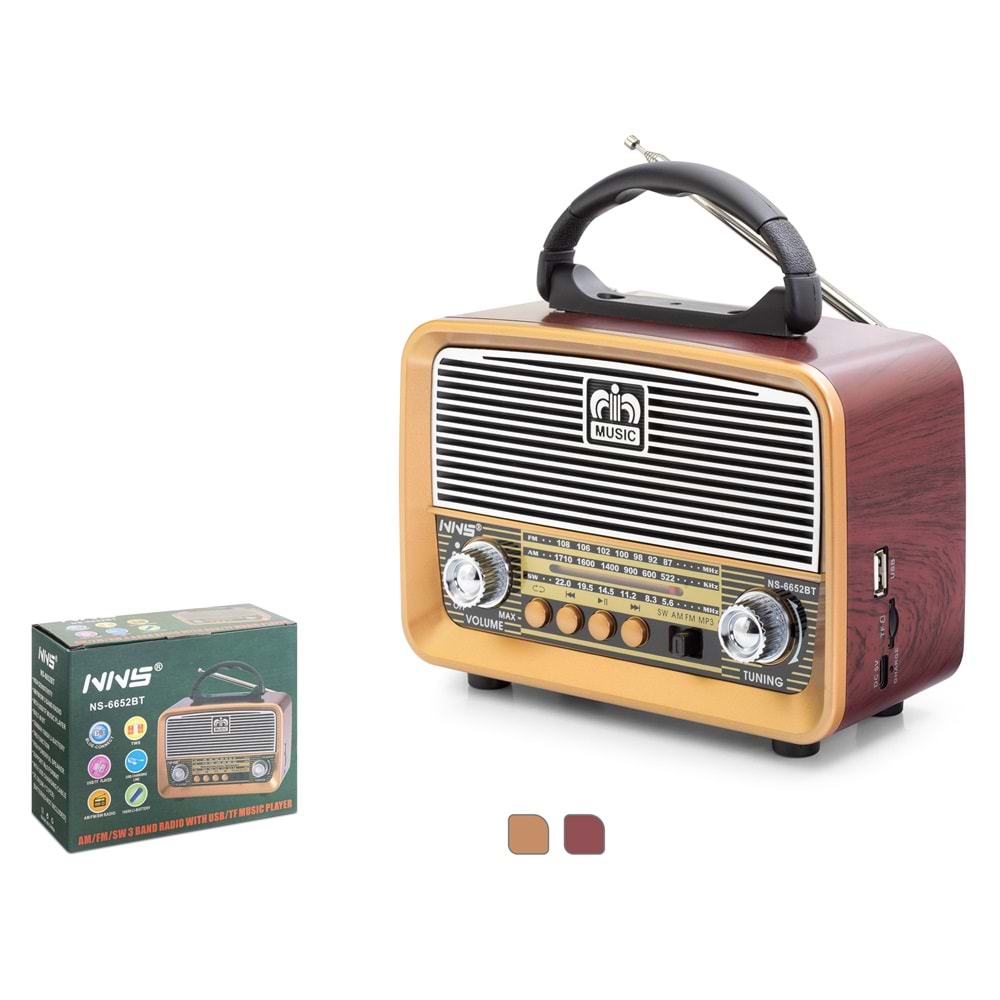NNS NS6652BT Bluetooth Nostaljik FM Radyo TWS USB TF AUX Taşınabilir Hoparlör - Kahverengi