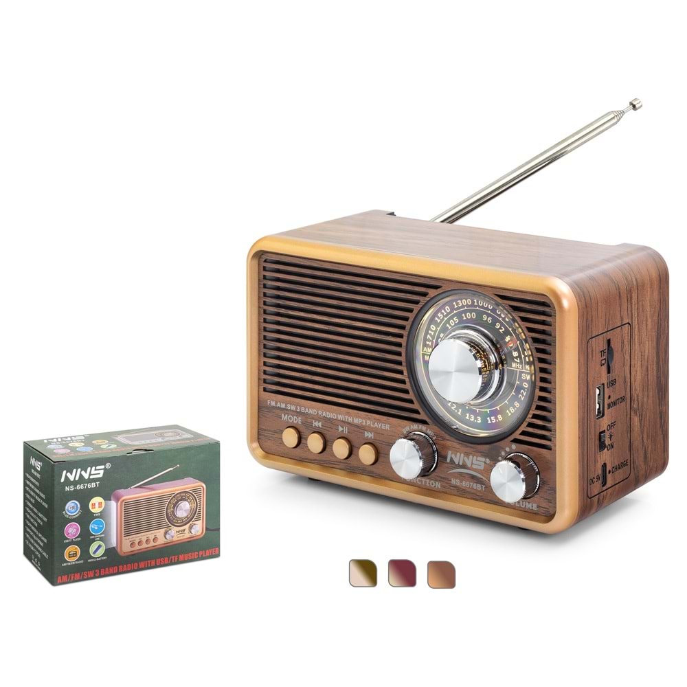 NNS NS6676BT Bluetooth Nostaljik FM Radyo TWS USB TF Hoparlör - Kahverengi