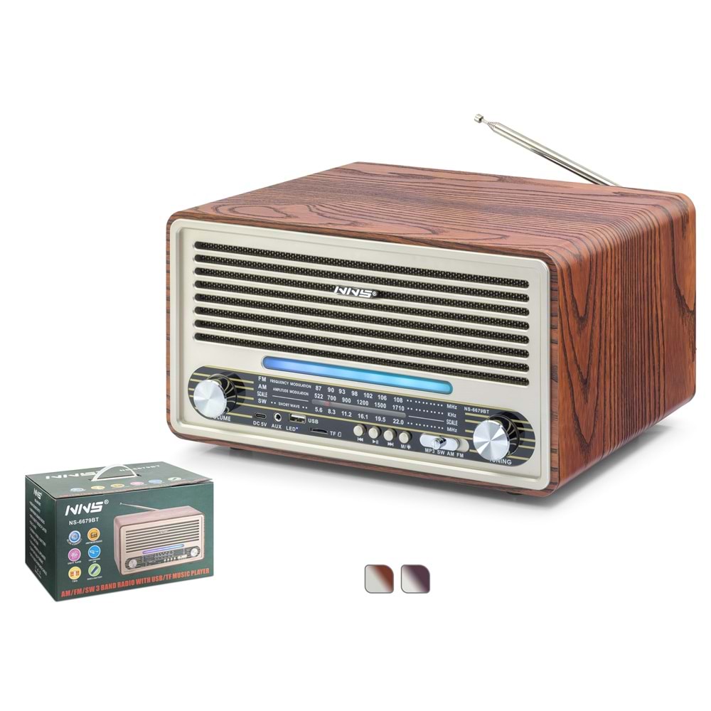 NNS NS6679BT Bluetooth Nostaljik FM Radyo TWS USB TF AUX Hoparlör - Kahverengi