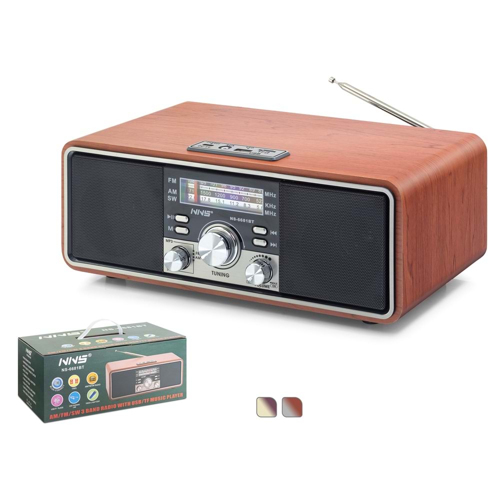 NNS NS6681BT Bluetooth Nostaljik FM Radyo TWS USB TF AUX Hoparlör - Kahverengi