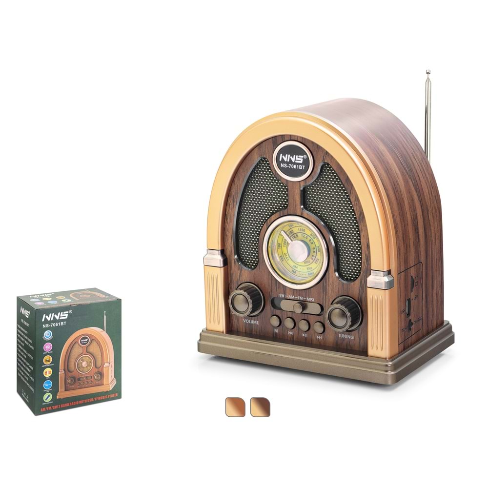 NNS NS7061BT Bluetooth Nostaljik FM Radyo TWS USB TF AUX Hoparlör - Kahverengi