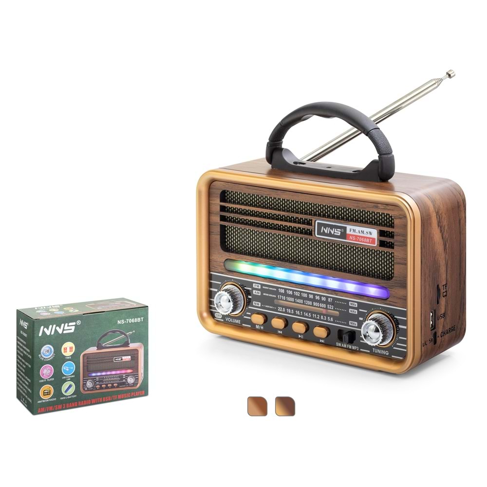 NNS NS7068BT Bluetooth Nostaljik FM Radyo TWS USB TF AUX RGB Taşınabilir Hoparlör - Kahverengi