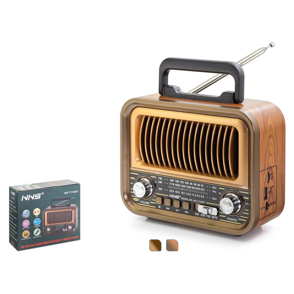 NNS NS7110BT Bluetooth Nostaljik FM Radyo TWS USB TF Taşınabilir Hoparlör - Kahverengi