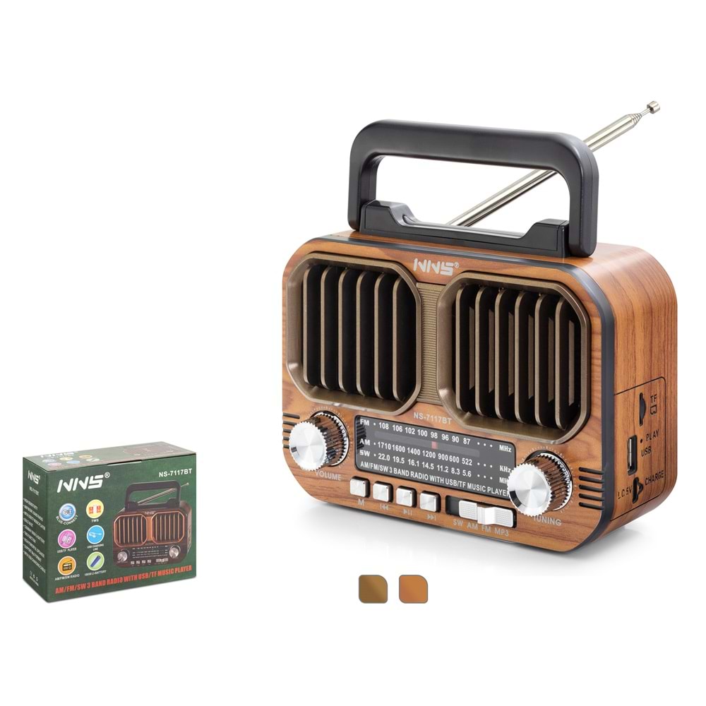 NNS NS7117BT Bluetooth Nostaljik FM Radyo TWS USB TF Taşınabilir Hoparlör - Kahverengi