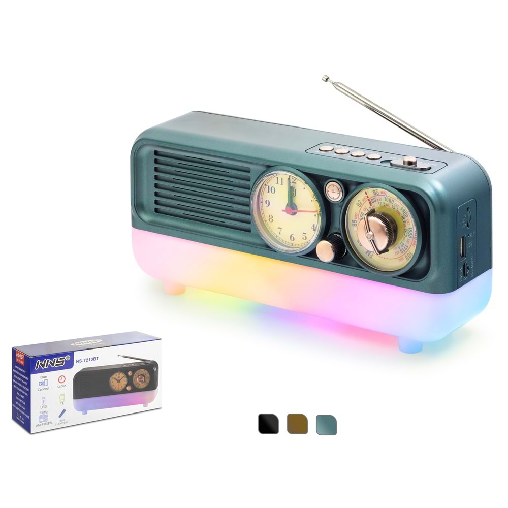 NNS NS7210BT Bluetooth Nostaljik FM Radyo TWS USB TF RGB Analog Saatli Hoparlör