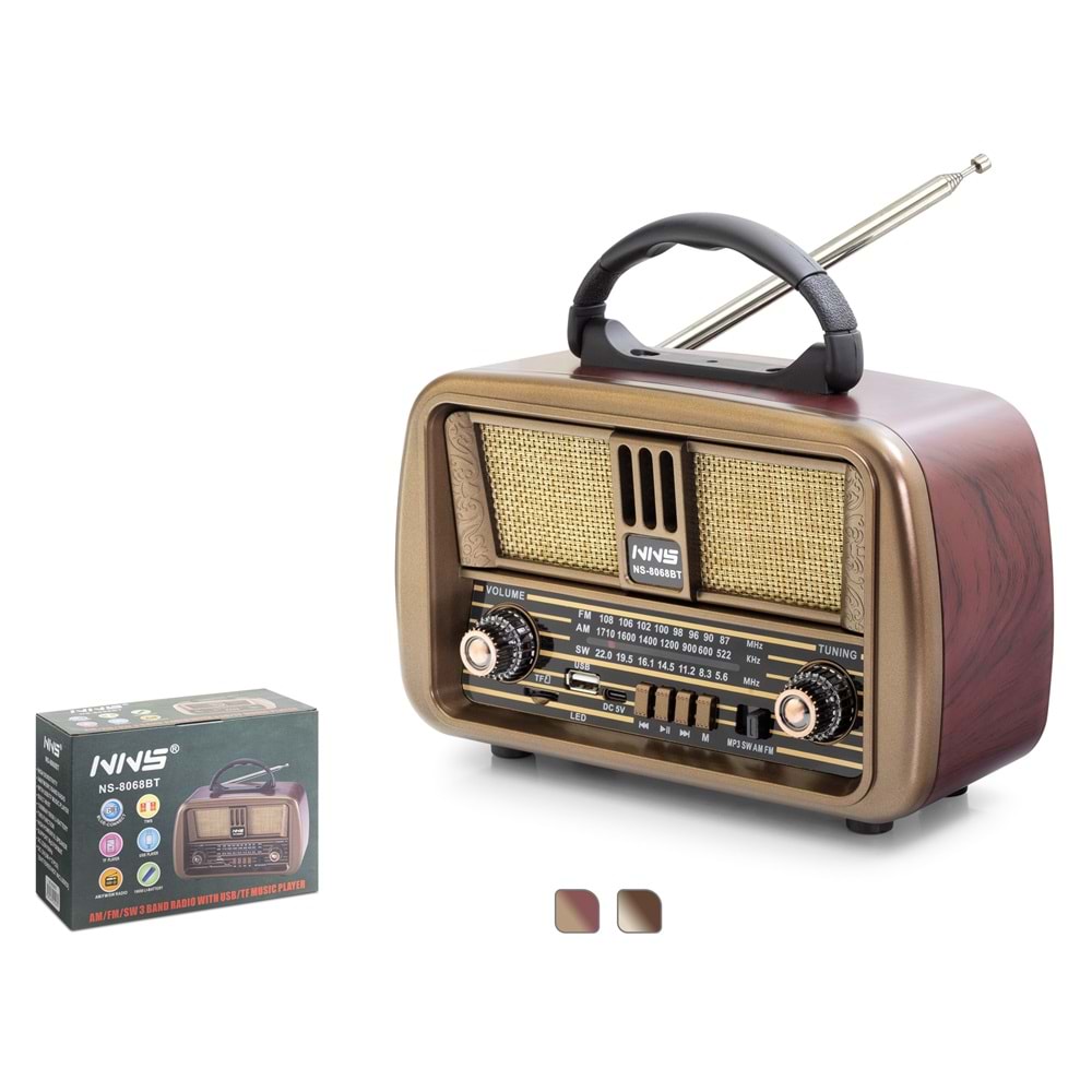 NNS NS8068BT Bluetooth Nostaljik FM Radyo TWS USB TF Taşınabilir Hoparlör - Kahverengi