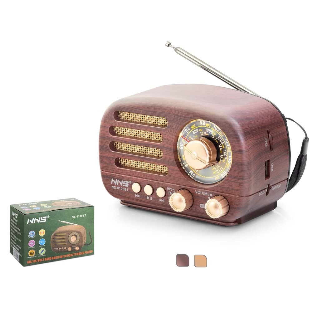 NNS NS8100BT Bluetooth Nostaljik FM Radyo TWS USB TF Taşınabilir Hoparlör - Kahverengi