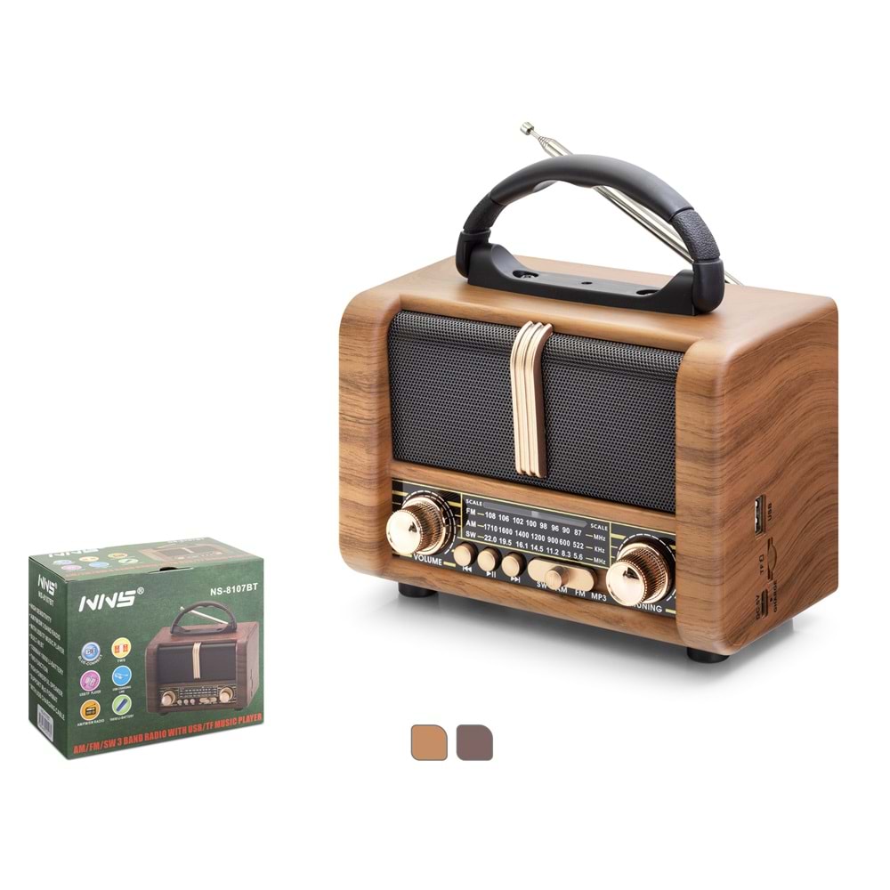 NNS NS8107BT Bluetooth Nostaljik FM Radyo TWS USB TF Taşınabilir Hoparlör - Kahverengi