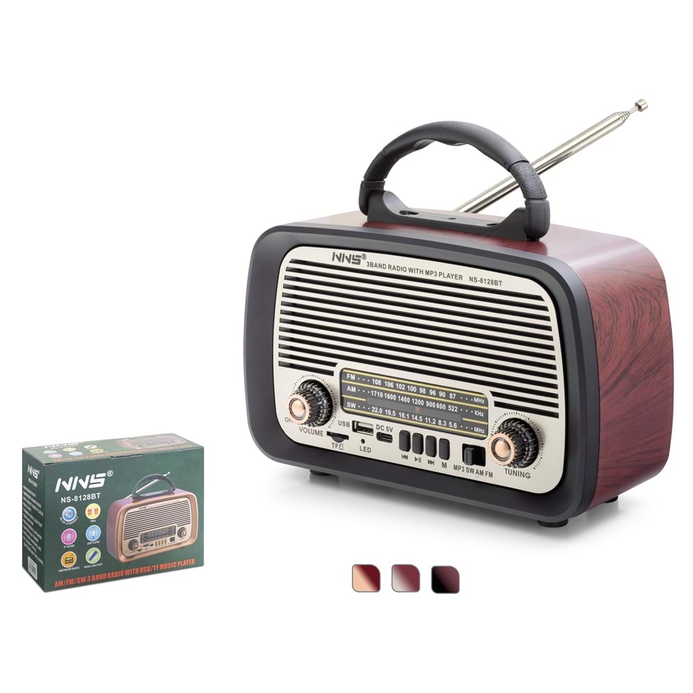 NNS NS8128BT Bluetooth Nostaljik FM Radyo TWS USB TF Taşınabilir Hoparlör - Kahverengi