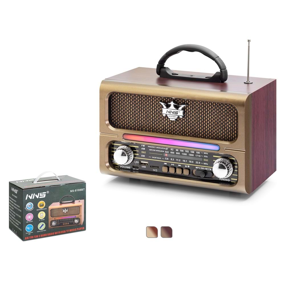 NNS NS8188BT Bluetooth Nostaljik FM Radyo USB TF RGB Taşınabilir Hoparlör - Maun