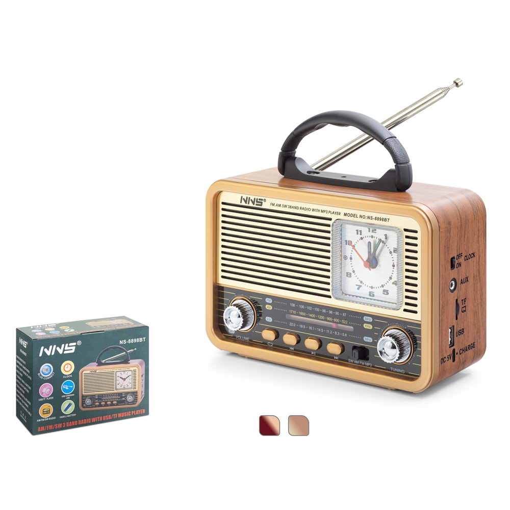 NNS NS8898BT Bluetooth Nostaljik FM Radyo USB TF AUX Analog Saatli Taşınabilir Hoparlör - Kahverengi