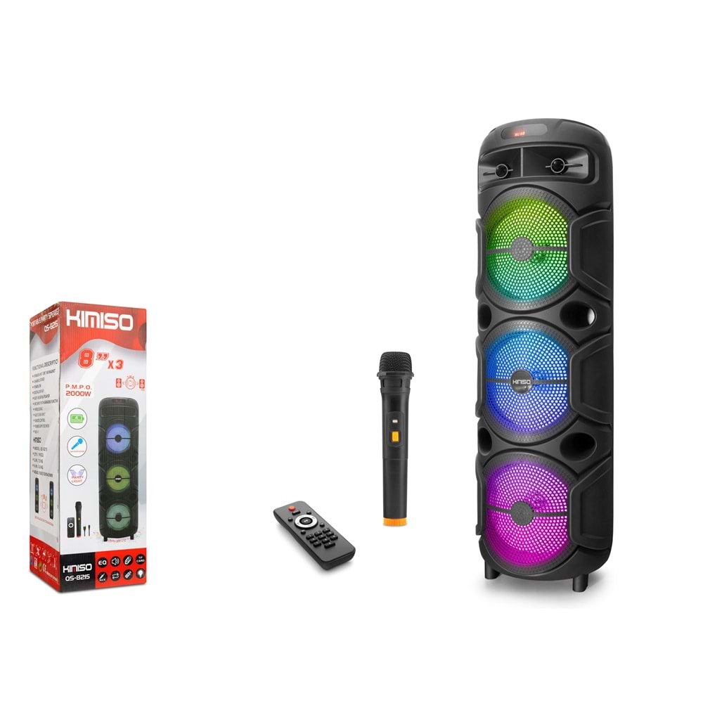 KIMISO QS8215 Bluetooth Kabin Karaoke Hoparlör FM Radyo 3x8 İnç USB TF AUX RGB Mikrofonlu Kumandalı Taşınabilir - Siyah