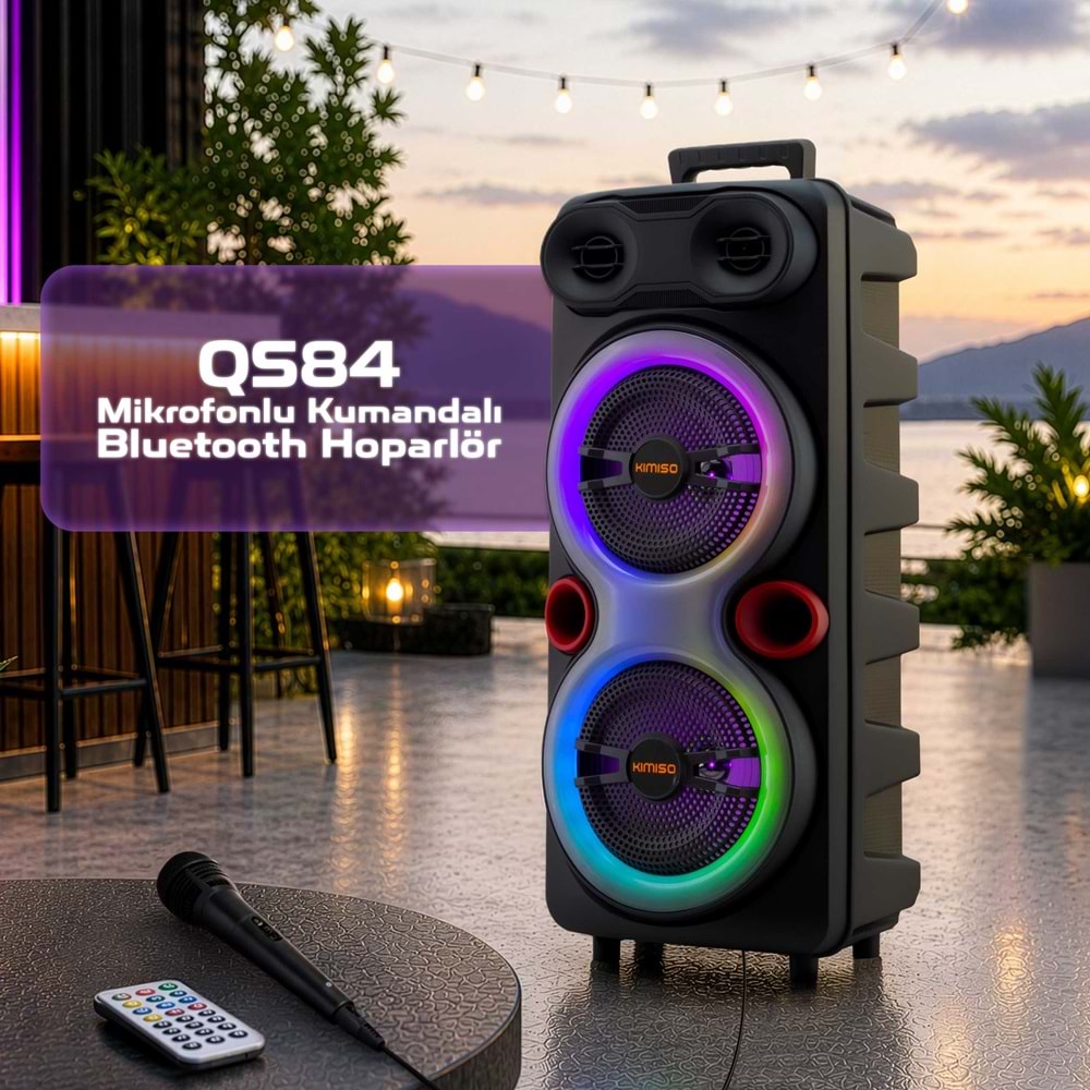 KIMISO QS84 Karaoke Mikrofonlu Bluetooth Hoparlör FM Radyo 2x8 İnç RGB Kumandalı Siyah